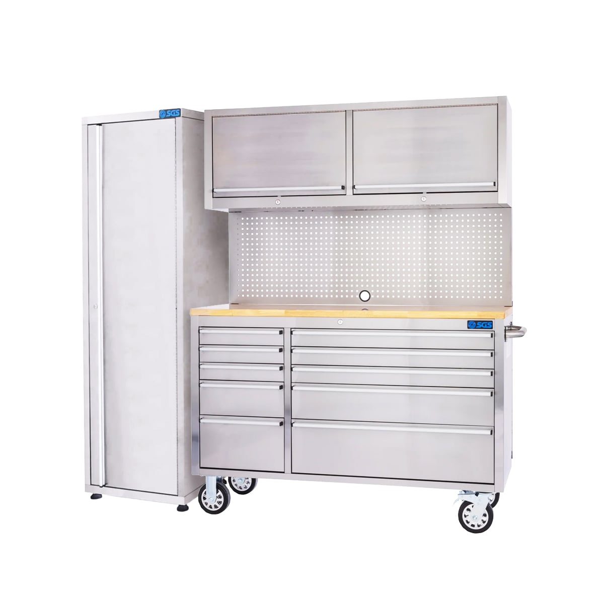 SGS 55in 10 Drawer Stainless Steel Work Bench with Upper Cabinet and Side Cabinet